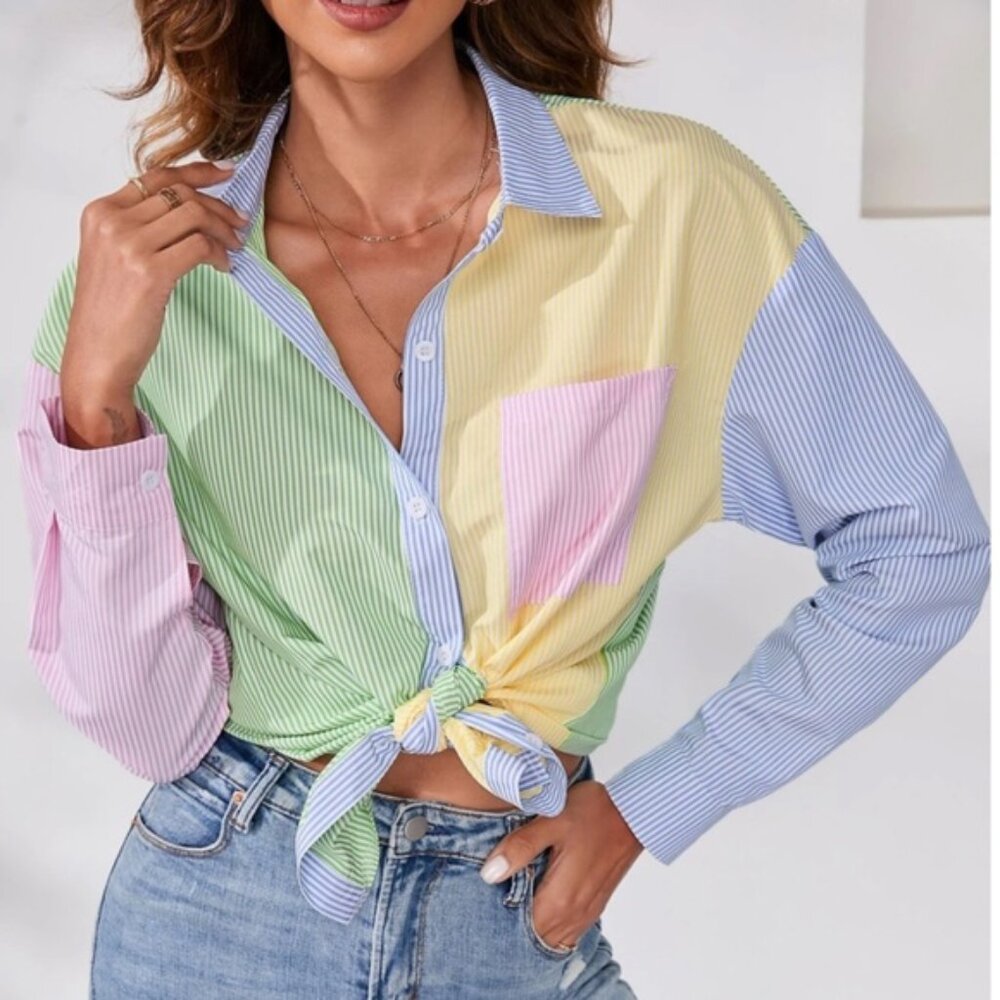 Multicolor Striped Casual Oversized Button Down Shirt (Blue, Green, Yellow, Pink